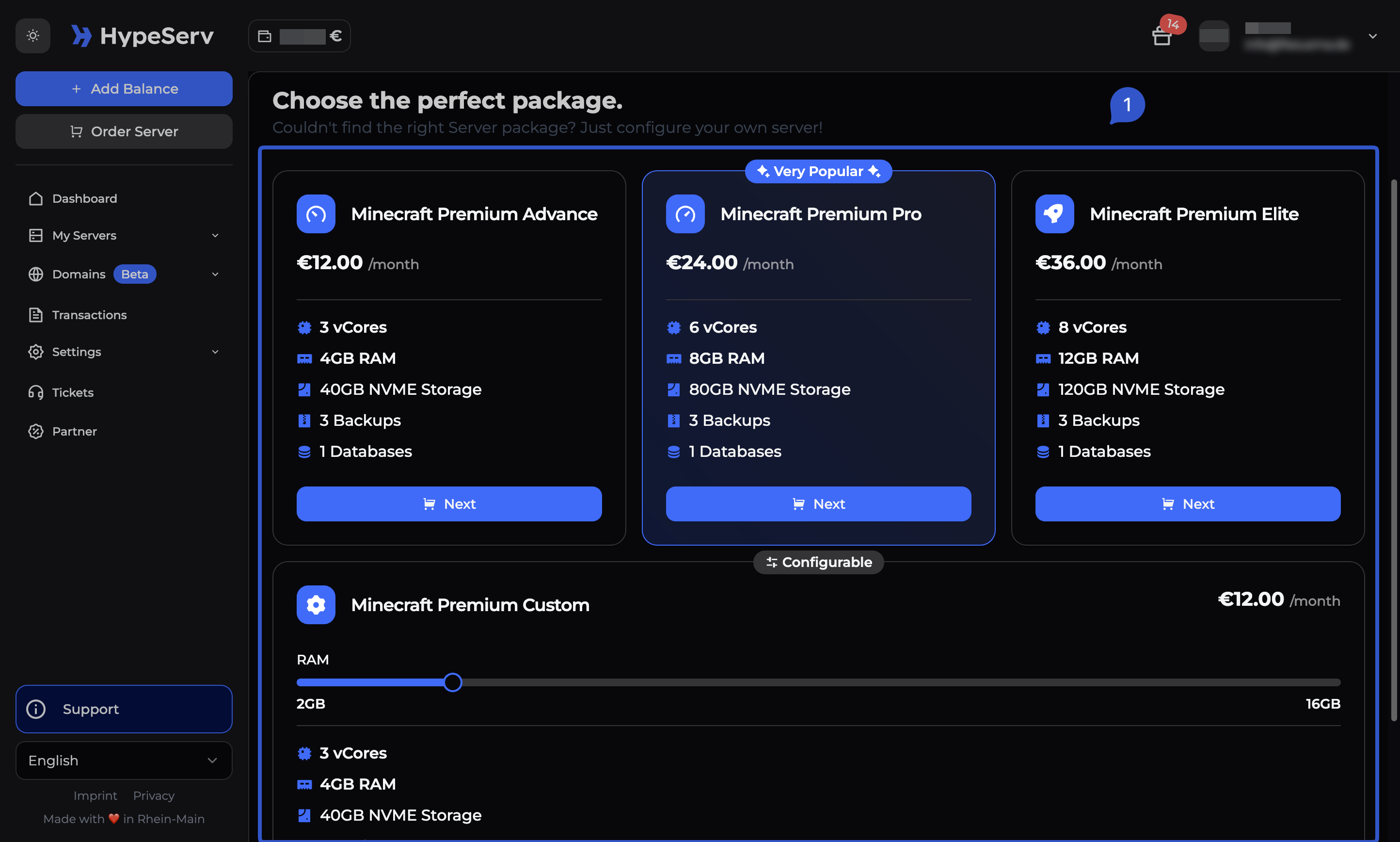 Selecting a package to order